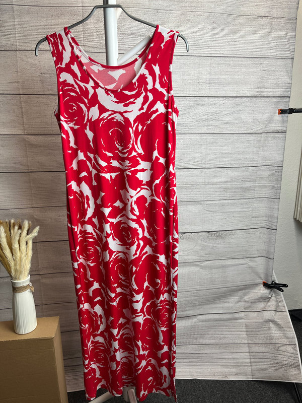 Rot weiß gemustertes langes Damenkleid - Größe L