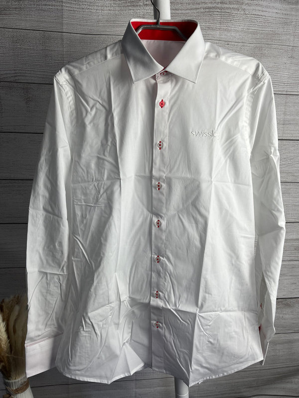 Weißes Herrenhemd, rote Details (Swisslog) - Größe L, Regular Fit